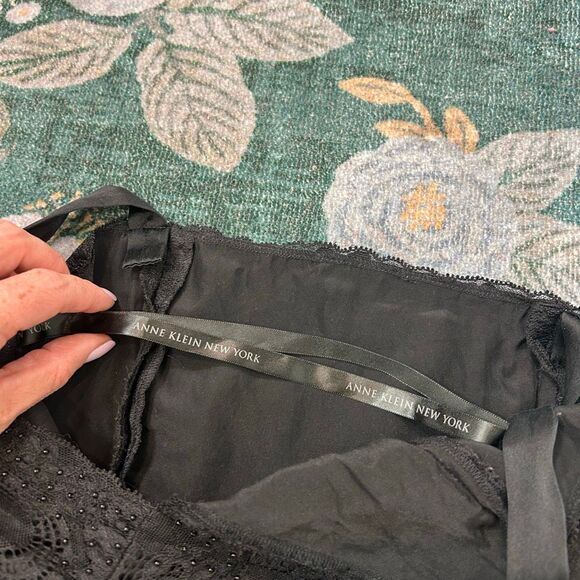 Vintage Anne Klein Top Blouse XS Black Silk y2k 90s Lace Trim Cami Asymmetrical - Picture 6 of 12